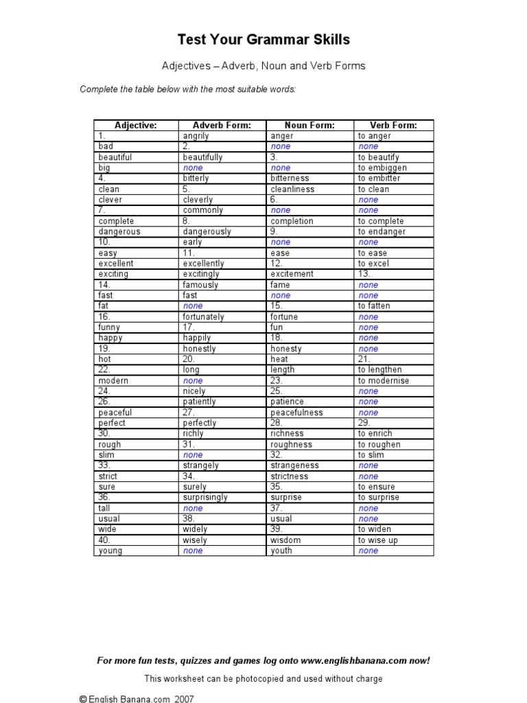 adjectives adverb noun verb forms adverb adjective