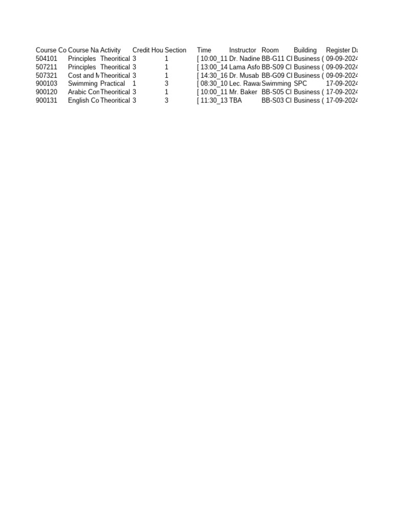 Student Schedule Sheet