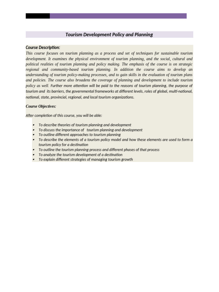 Tourism Development Policy and Planning | PDF | Policy | Tourism
