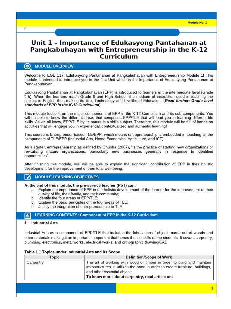 EPP Module 1: Importance in K-12 Curriculum | PDF | Entrepreneurship ...