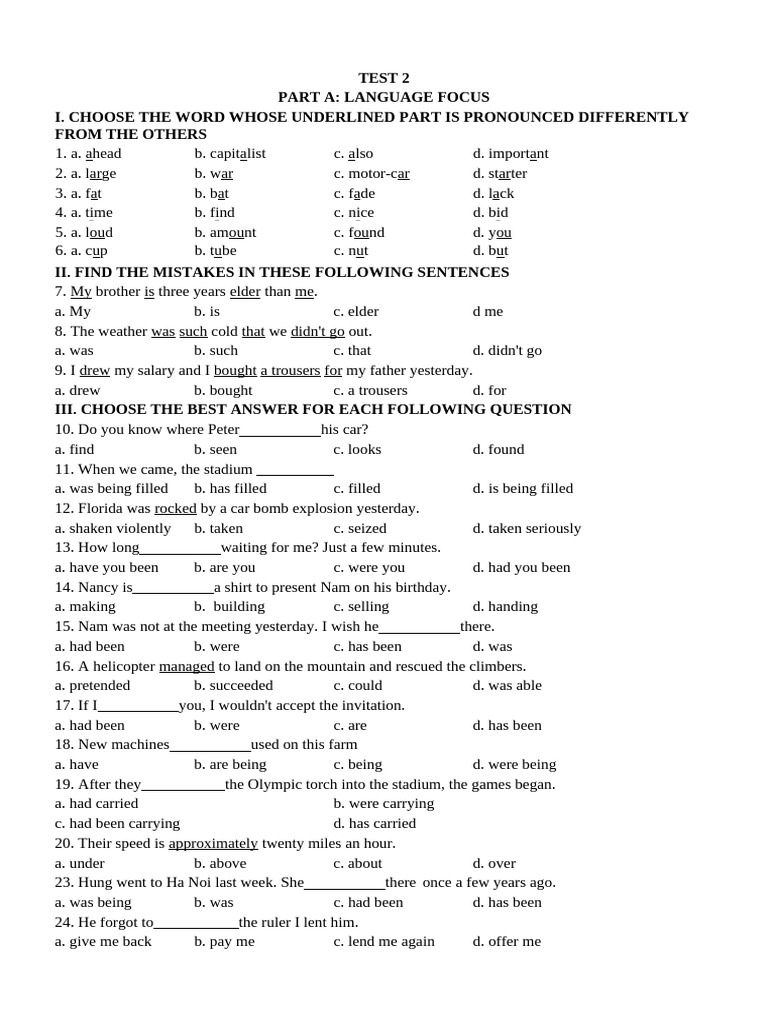 Language Focus and Reading Comprehension Test | PDF | Vegetarianism ...