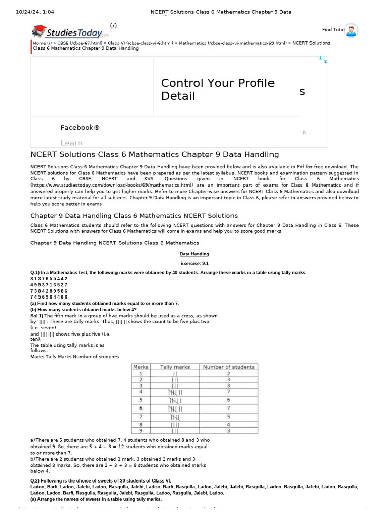 NCERT Solutions Class 6 Mathematics Chapter 9 Data Handling | PDF ...