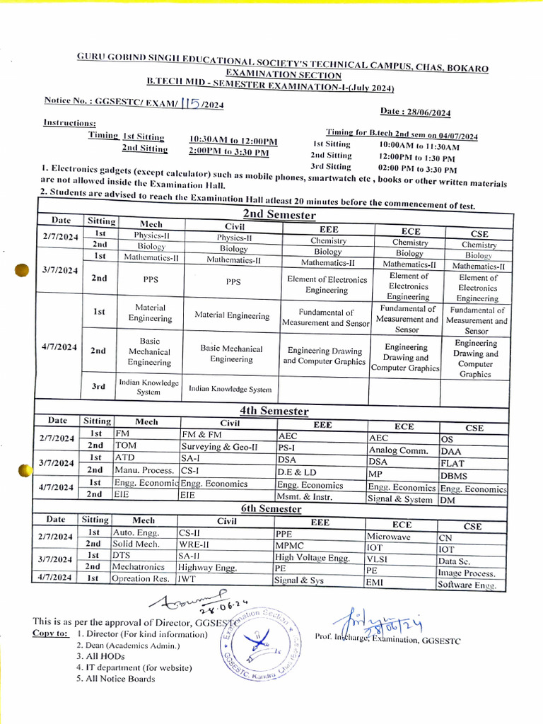 B.Tech Mid-Sem Exam Schedule 2024 | PDF | Engineering | Electrical ...
