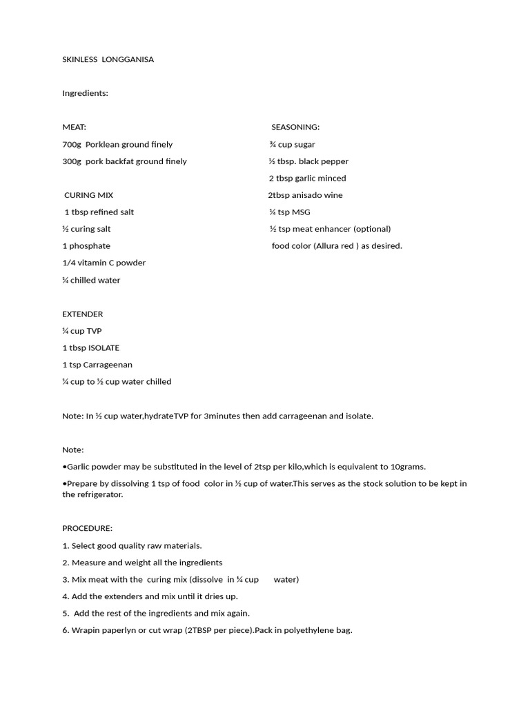 Skinless Longganisa Recipe and Packaging | PDF