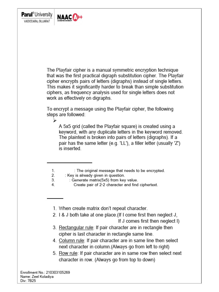 Playfair Cipher Encryption Guide | PDF | Cipher | Encryption