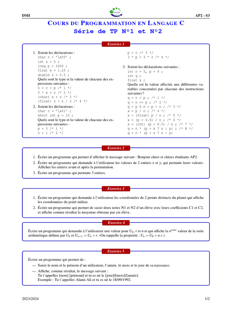 Exercices de Programmation en C pour AP2 | PDF | Mathématiques | Objets ...