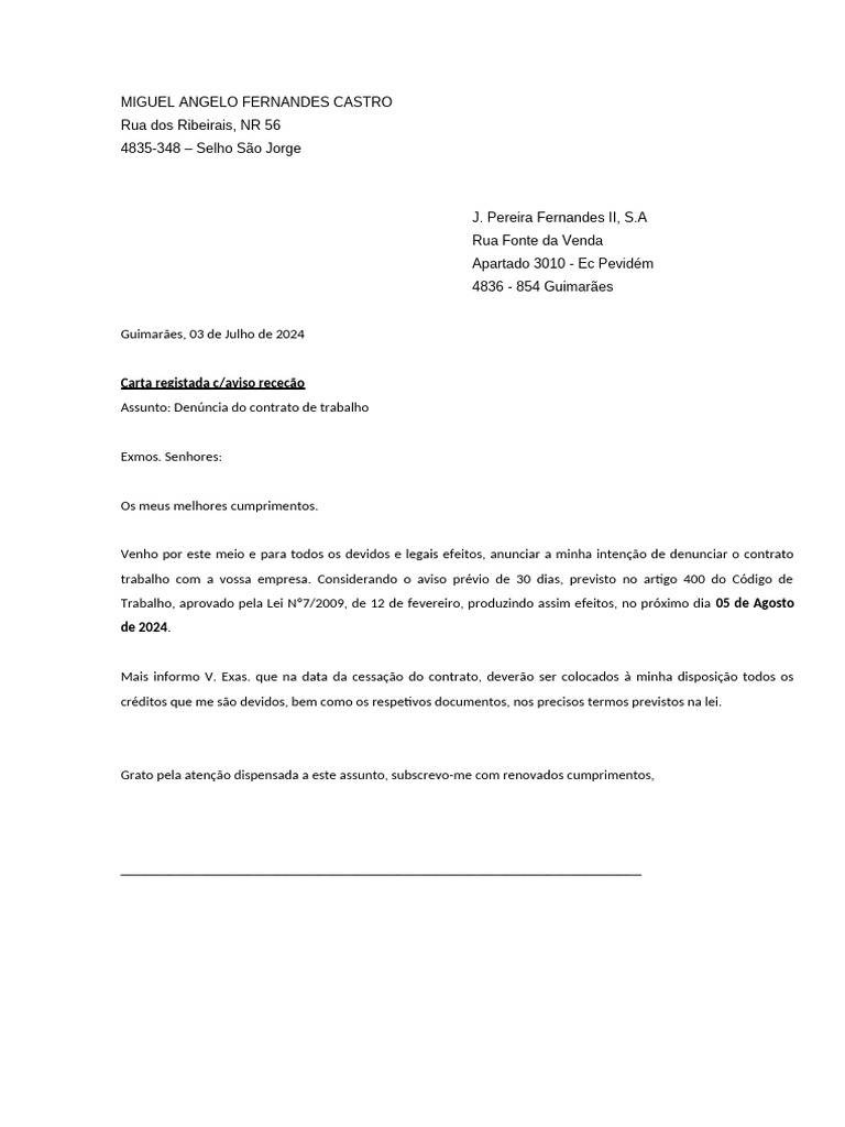 Denúncia de Contrato de Trabalho | PDF