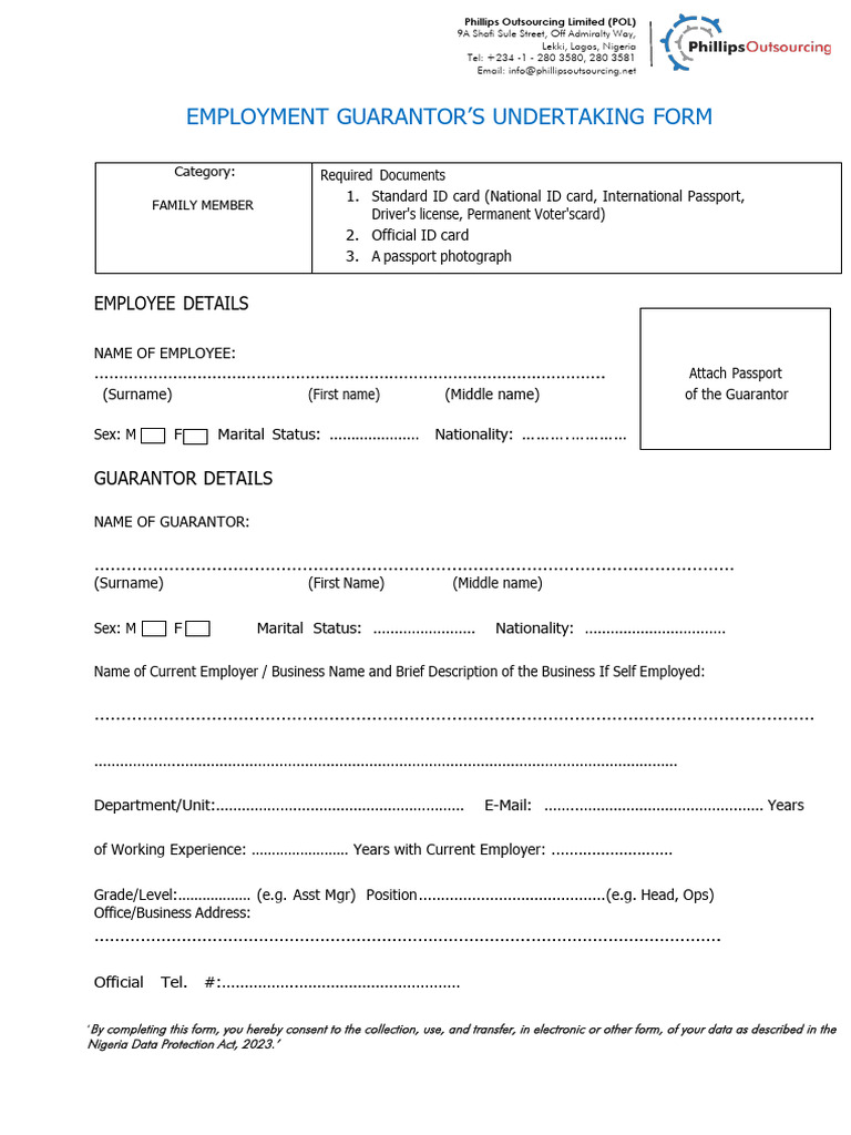 Employment Guarantor's Undertaking Form | PDF | Identity Document ...