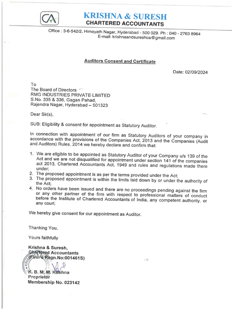 Statutory Auditor Appointment Consent Letter | PDF | Law