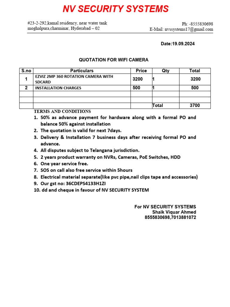 WiFi Camera Quotation | PDF | Computers
