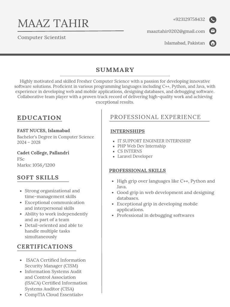 Fresher Computer Science Resume Summary | PDF | Business | Technology ...
