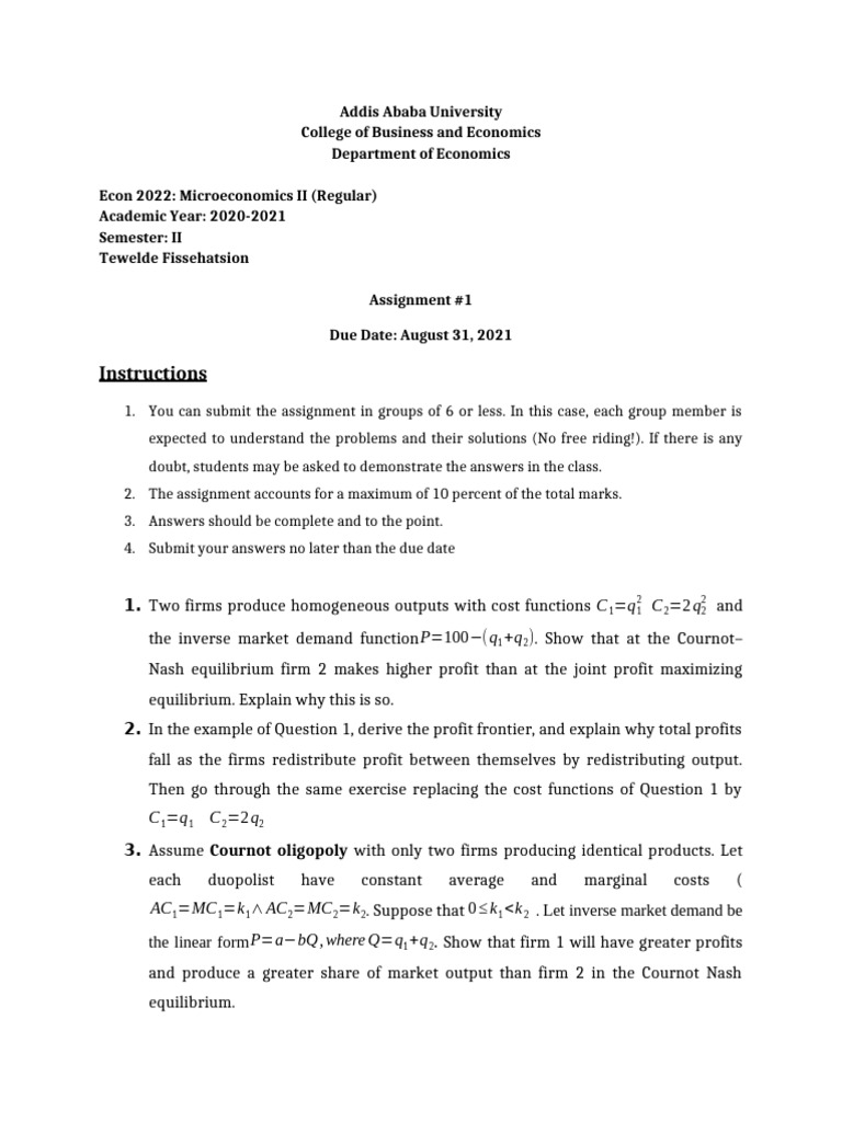 Microeconomics II Assignment Guide | PDF | Profit (Economics ...