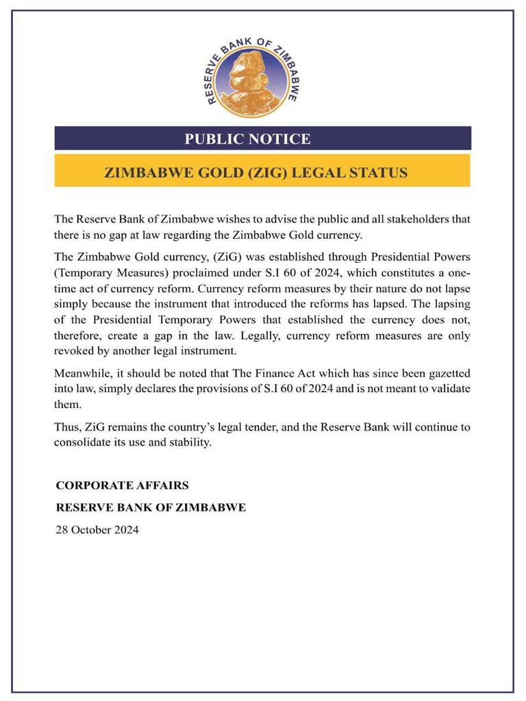 RBZ Press Statement 10.28.2024 - ZiG Legal Status | PDF