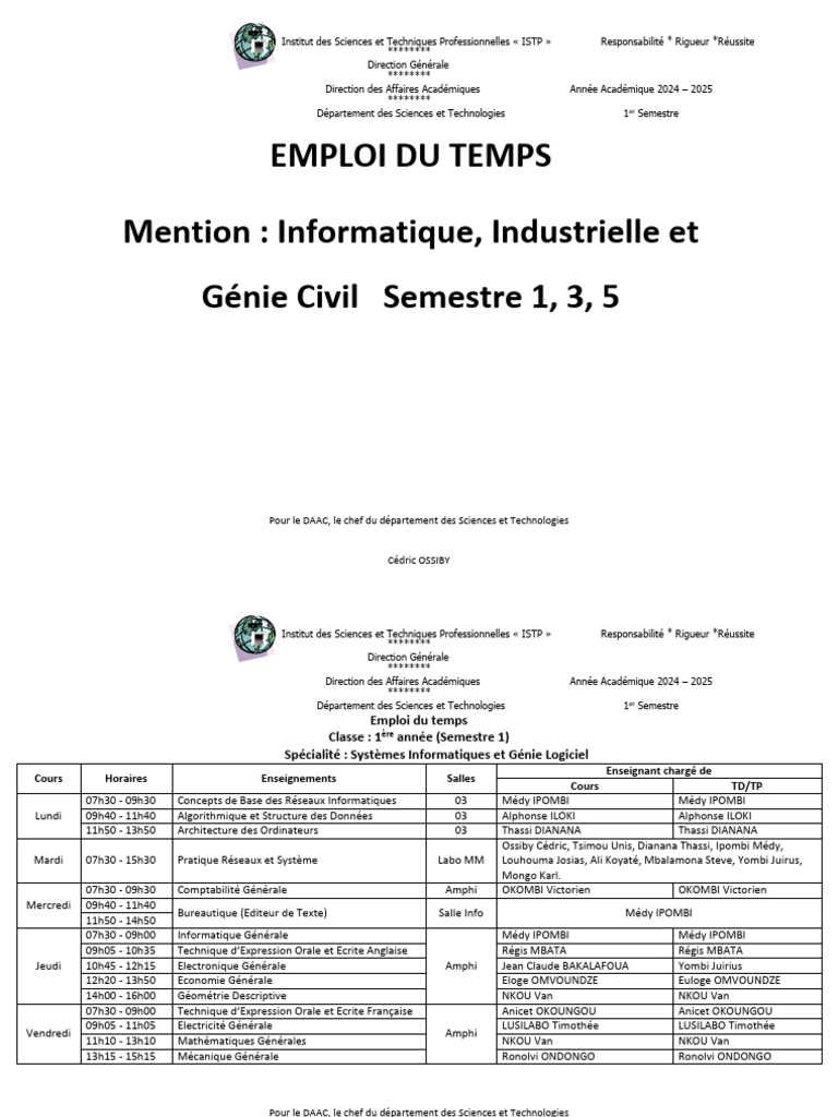 Emploi du Temps Semestre 1 ISTP 2024-2025 | PDF | Informatique | Ingénierie
