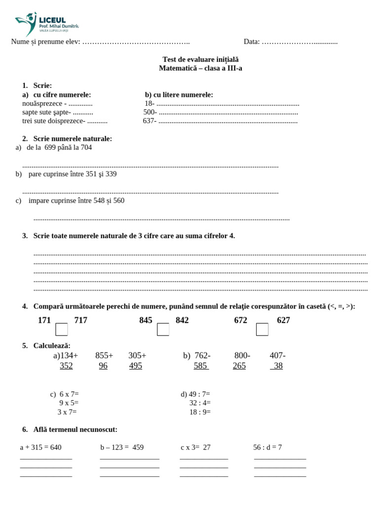 Test - Initial - Matematica Clasa A III - A | PDF