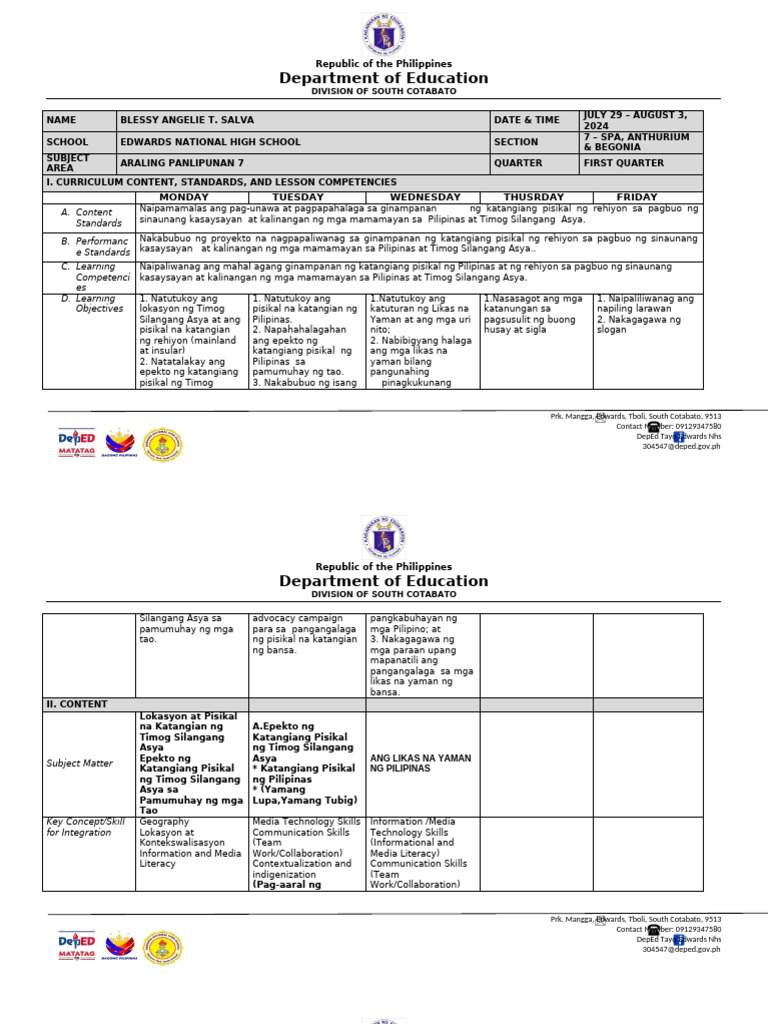 Matatag Weekly Plan Q1 W1 | PDF