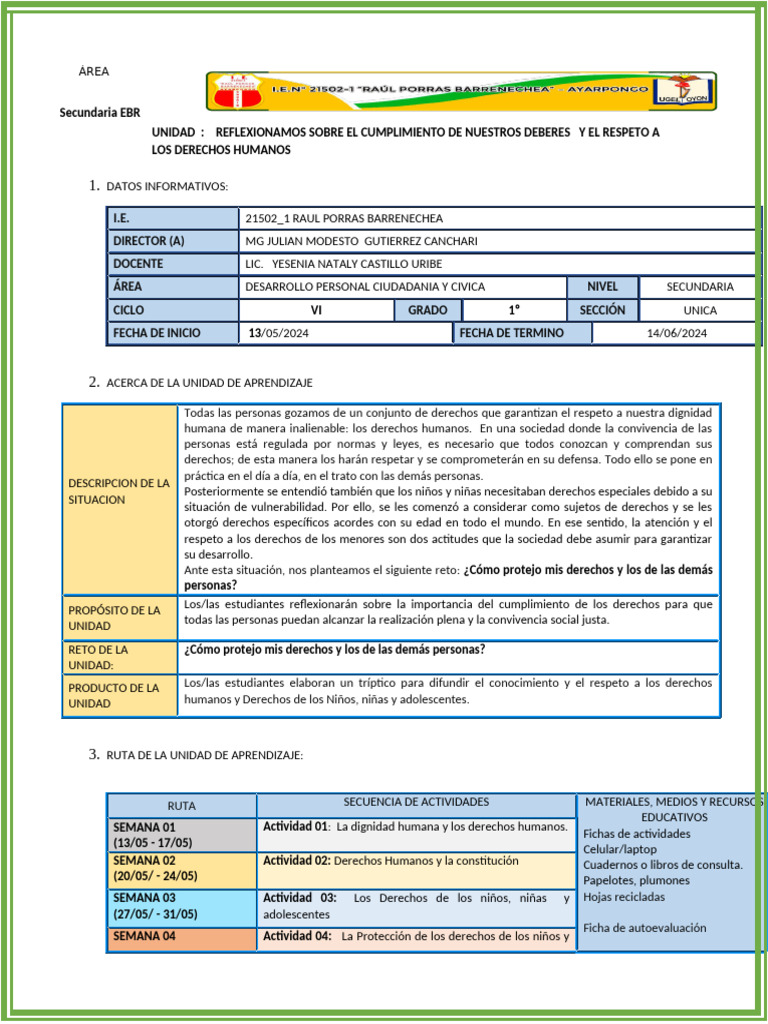 Derechos Humanos y Deberes en Secundaria | PDF | Aprendizaje | Información