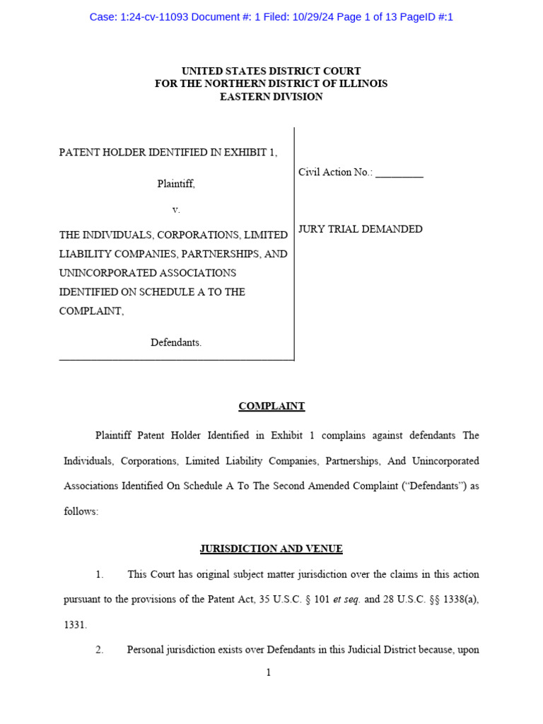 Patent Holder v. Schedule A (1:24-cv-11093) - Complaint | PDF | Patent ...