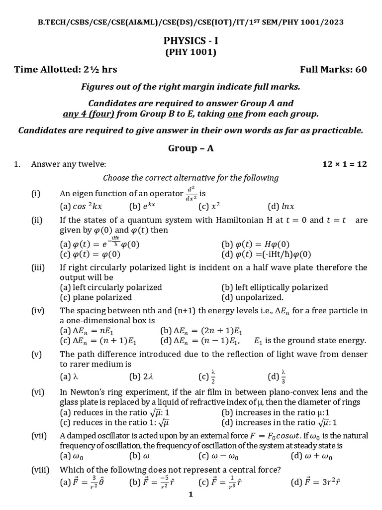 Physics - I - Phy 1001 - 2023 | PDF | Damping | Resonance
