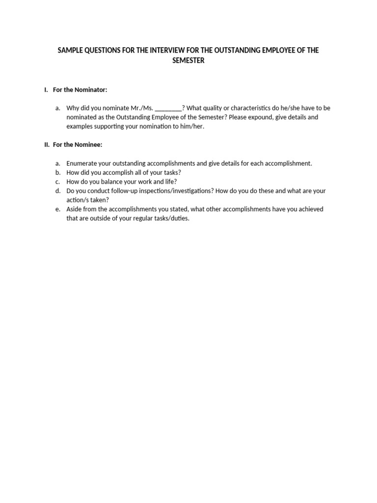Sample Questions For The Interview For The Outstanding Employee of The ...