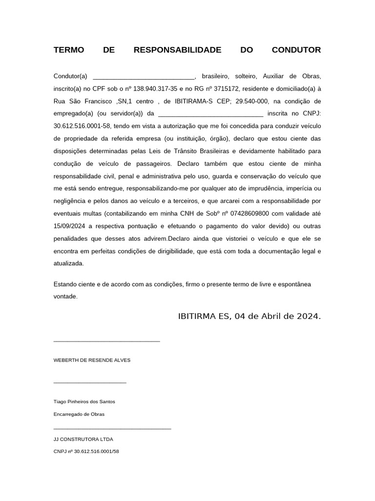 Termo de Responsabilidade do Condutor | PDF | Finanças e Administração ...