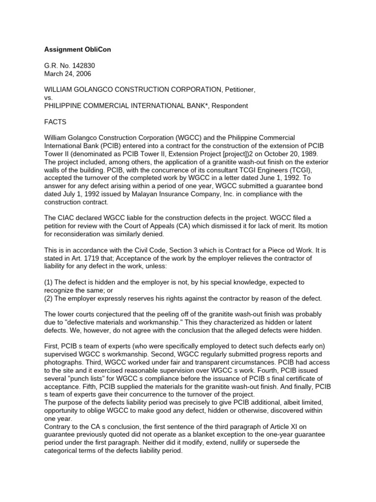 WGCC vs. PCIB: Defects Liability Ruling | PDF | Legal Liability | Justice