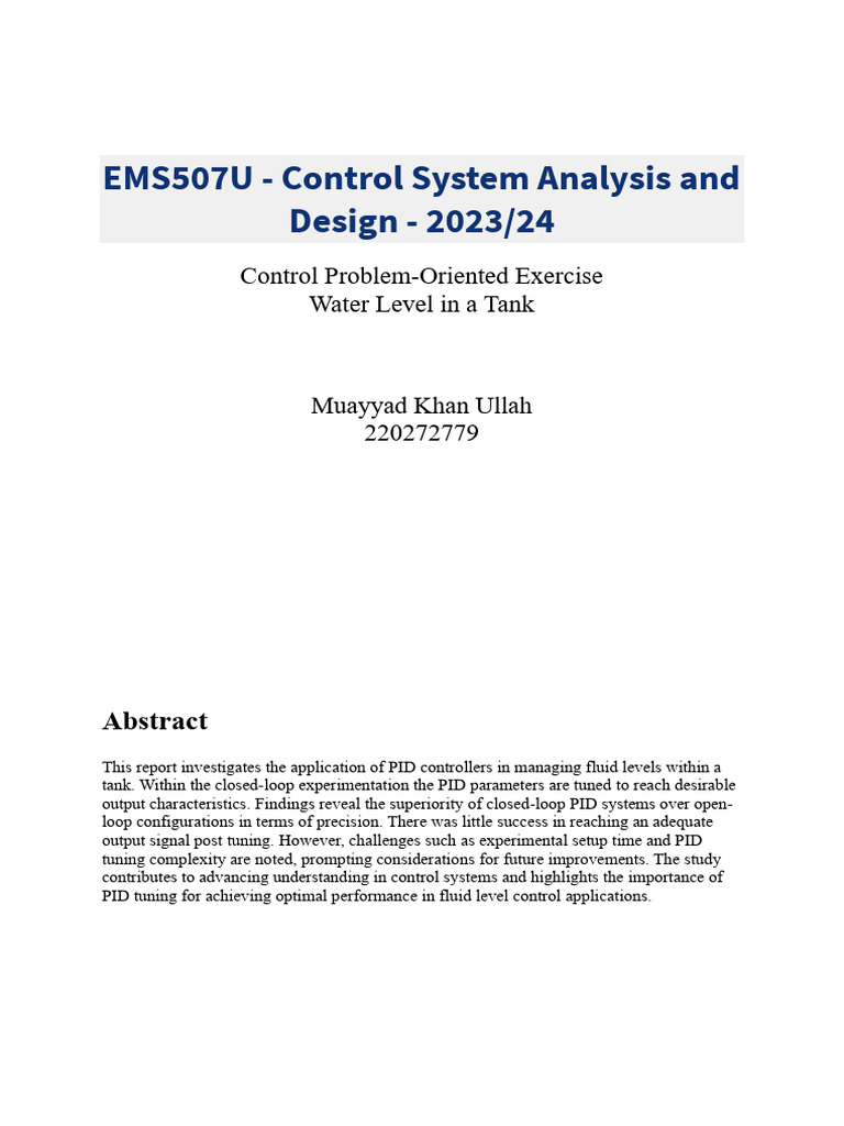 EMS507U - Water Level in Tank Report | PDF | Control Theory | Experiment