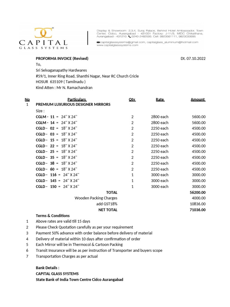 Proforma Invoice for Designer Mirrors | PDF