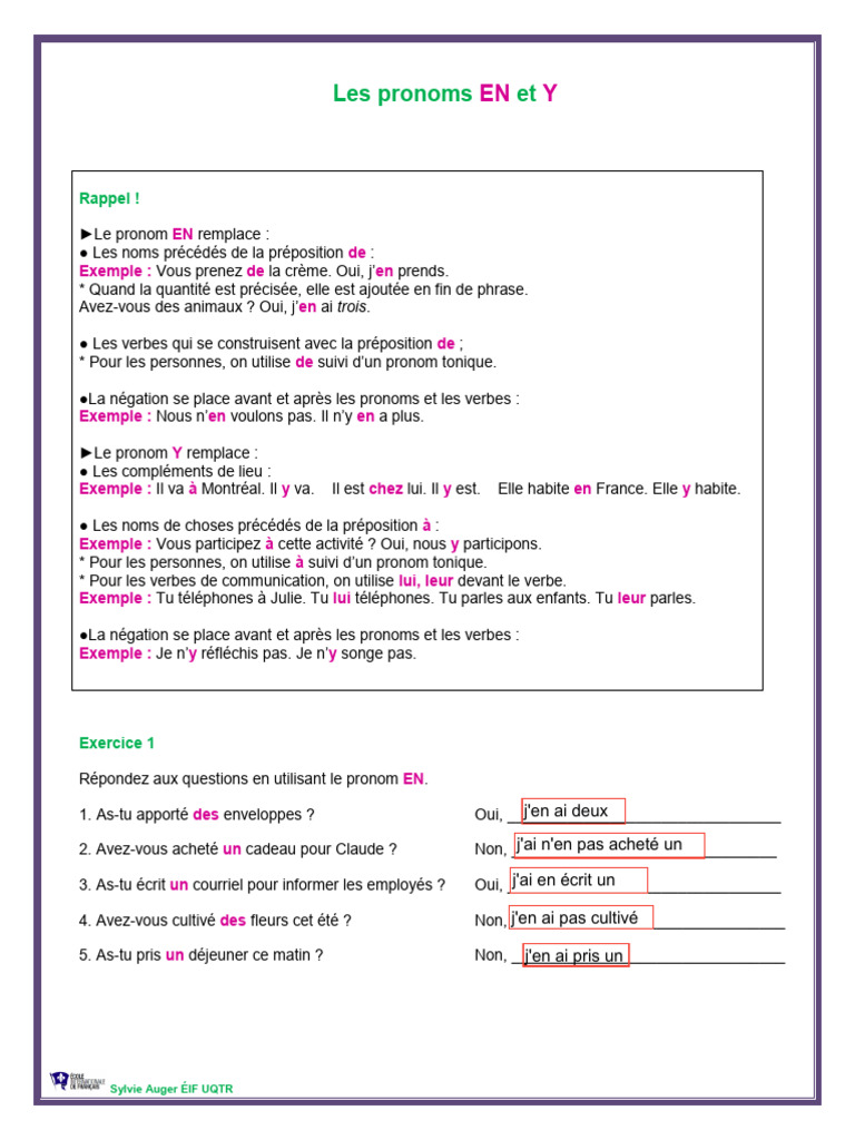 Exercices sur les pronoms EN et Y | PDF | Pronom | Syntaxe
