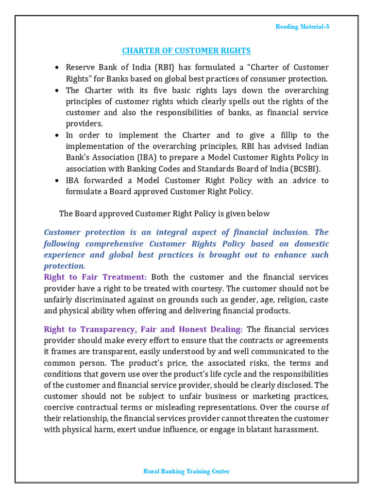 RBI Charter of Customer Rights Overview | PDF | Policy | Consumer ...