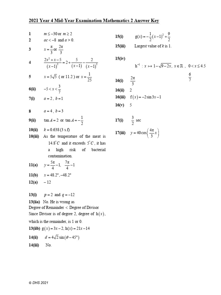 2021 Year 4 Mid-Year Examination Mathematics 2 Answer Key: M M Ac A X X ...