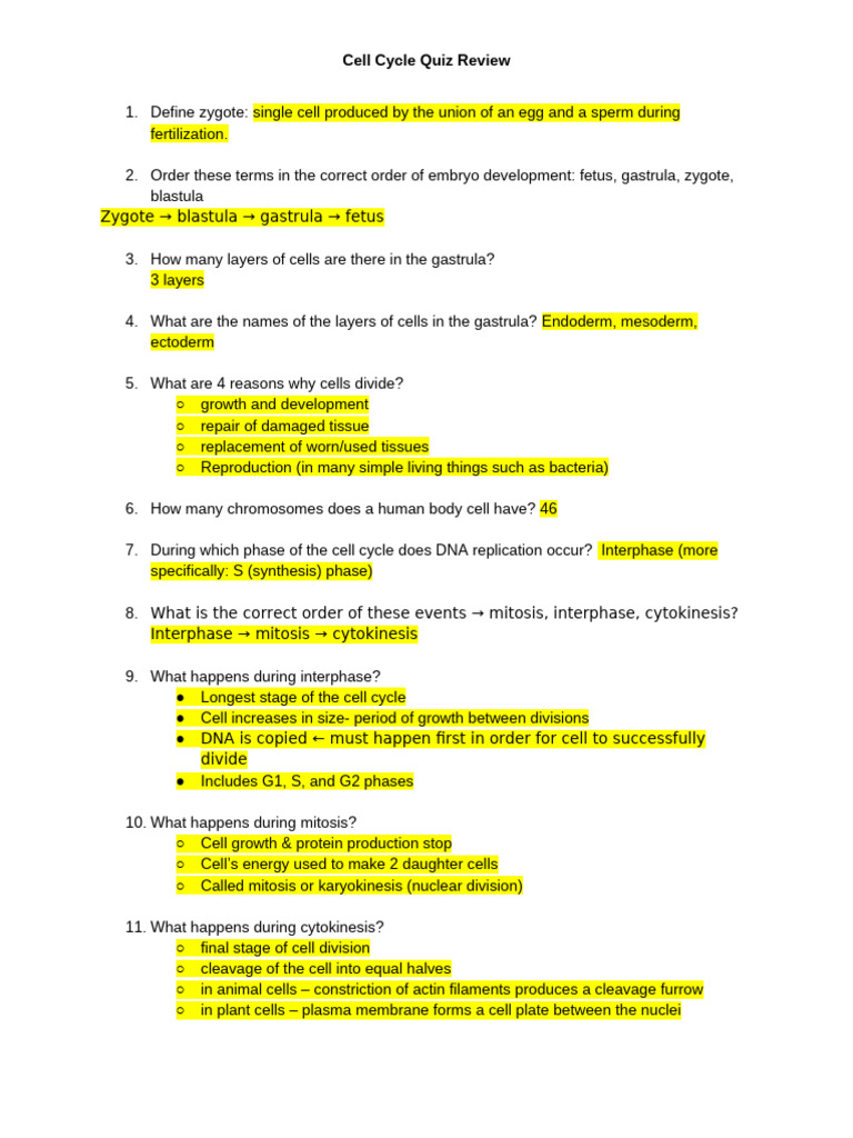 Cell Cycle Quiz Review Guide | PDF | Wellness | Science & Mathematics