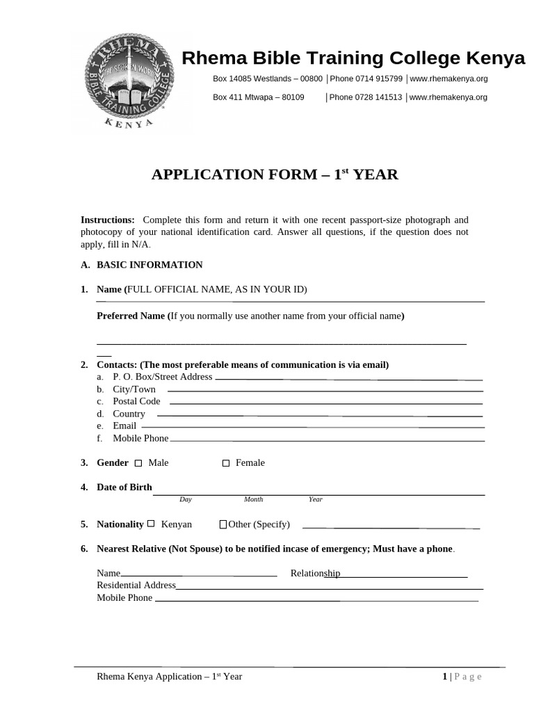 Rhema Bible College Kenya Application Form | PDF | Religious Belief And ...
