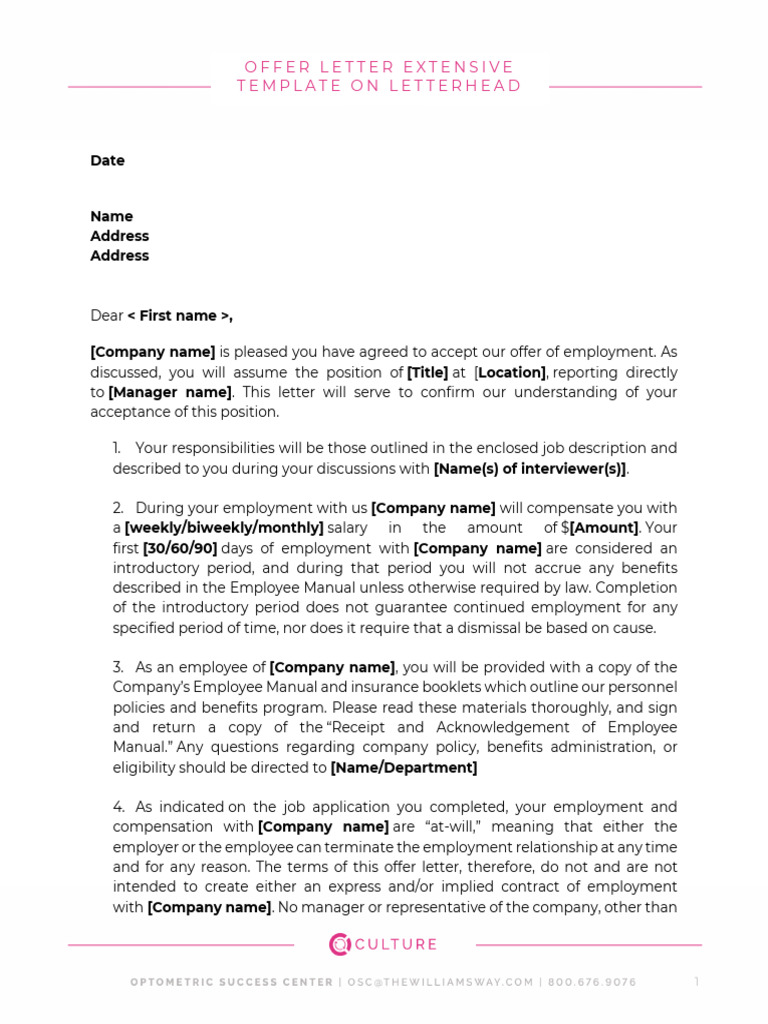 Offer Letter Template on Letterhead | PDF | Employment | At Will Employment