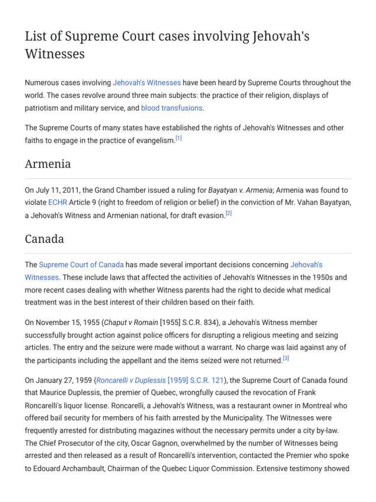 List of Supreme Court Cases Involving Jehovah #39 s Witnesses Wikipedia