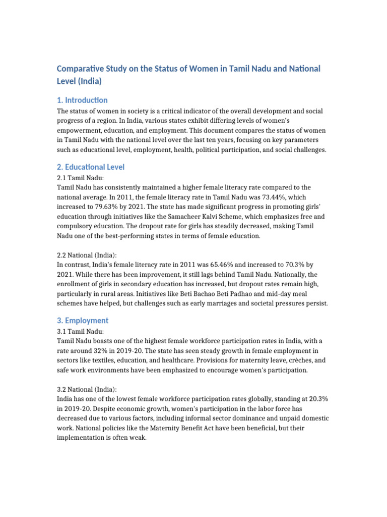 Women Status Comparison Tamil Nadu India | PDF | Maternal Death ...