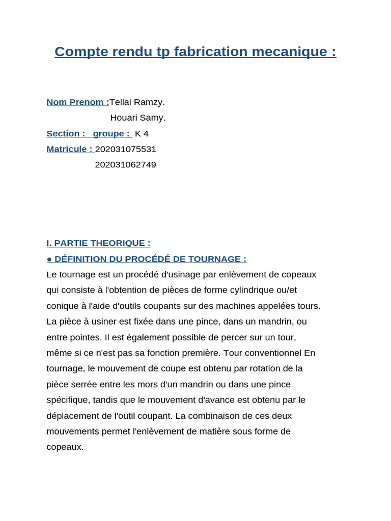 Compte Rendu TP Fabrication Mécanique | PDF | Usinage | Machine