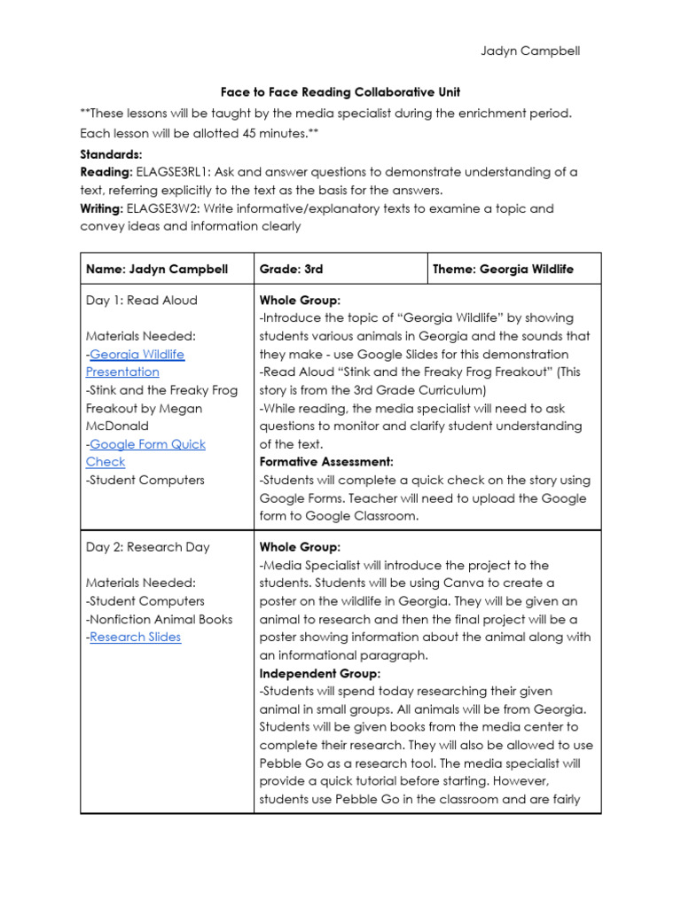 Georgia Wildlife Reading Unit Plan | PDF | Learning | Human Communication