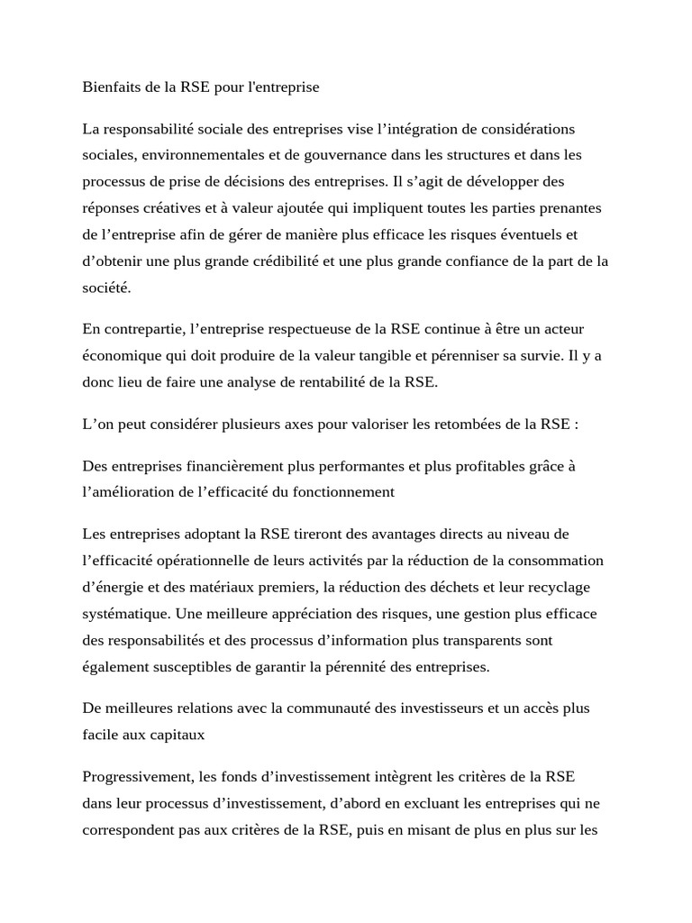 Avantages de la RSE pour l'entreprise | PDF | Responsabilité sociétale ...