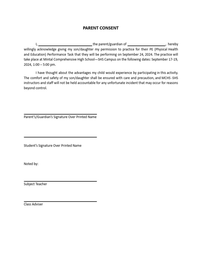 Parent Consent for PE Practice 2024 | PDF | Wellness