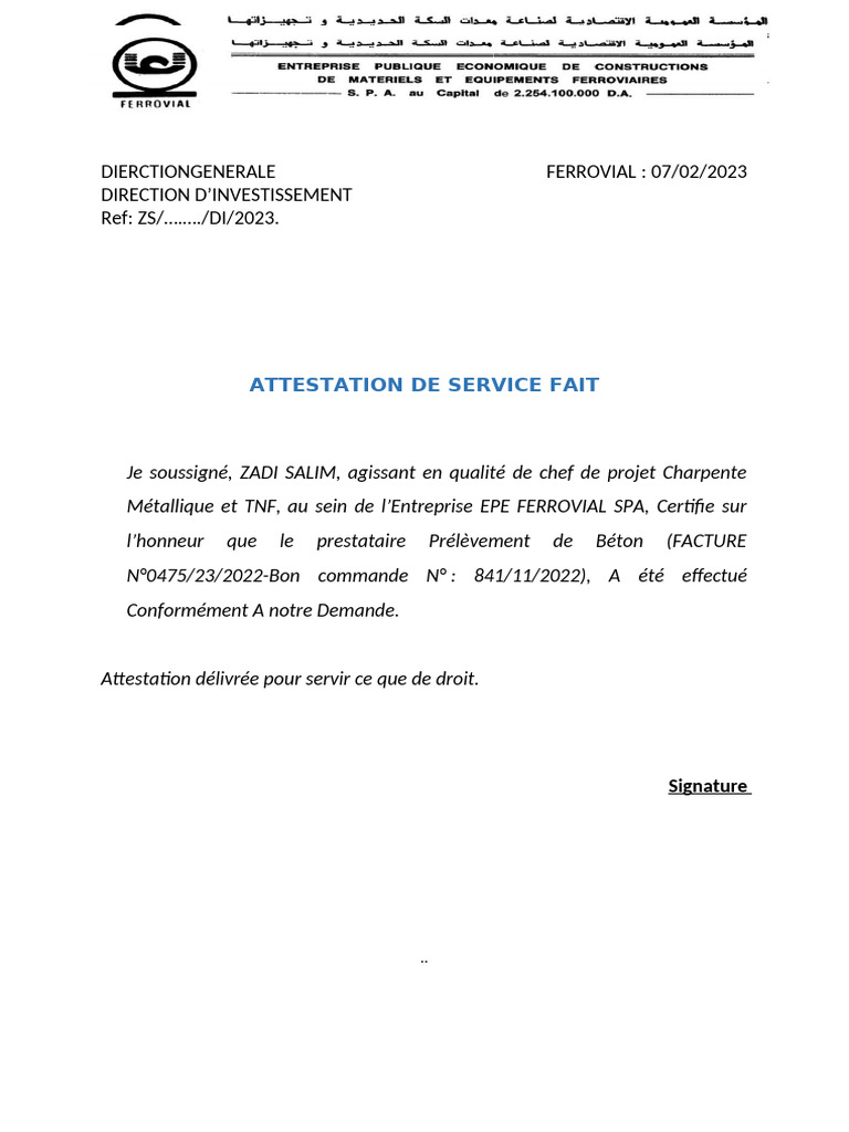 Attestation de Service Fait - Copie | PDF | Matériaux | Matériaux de ...