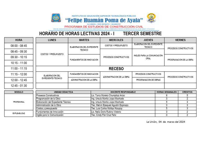 Horario de Clases 2024 - Tercer Semestre | PDF