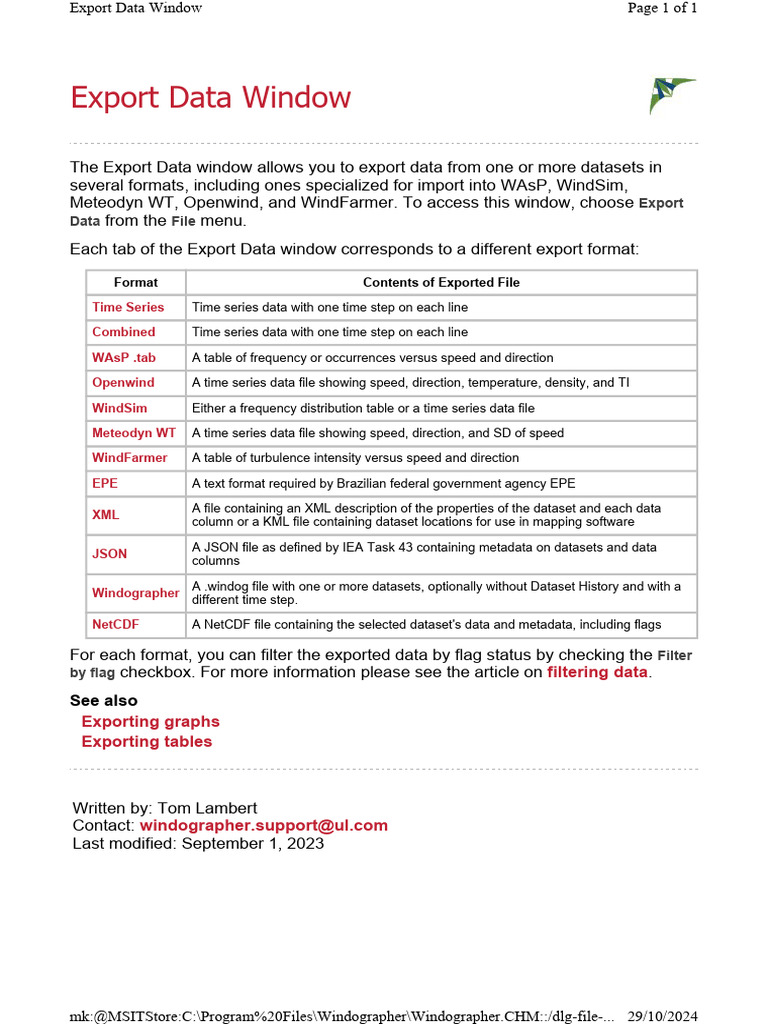 Exporting Data Formats in Windographer | PDF