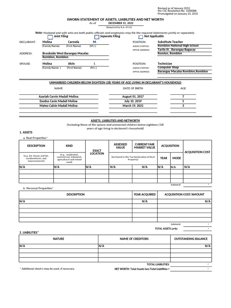 SALN Sample for Substitute Teacher | PDF | Net Worth | Financial Accounting