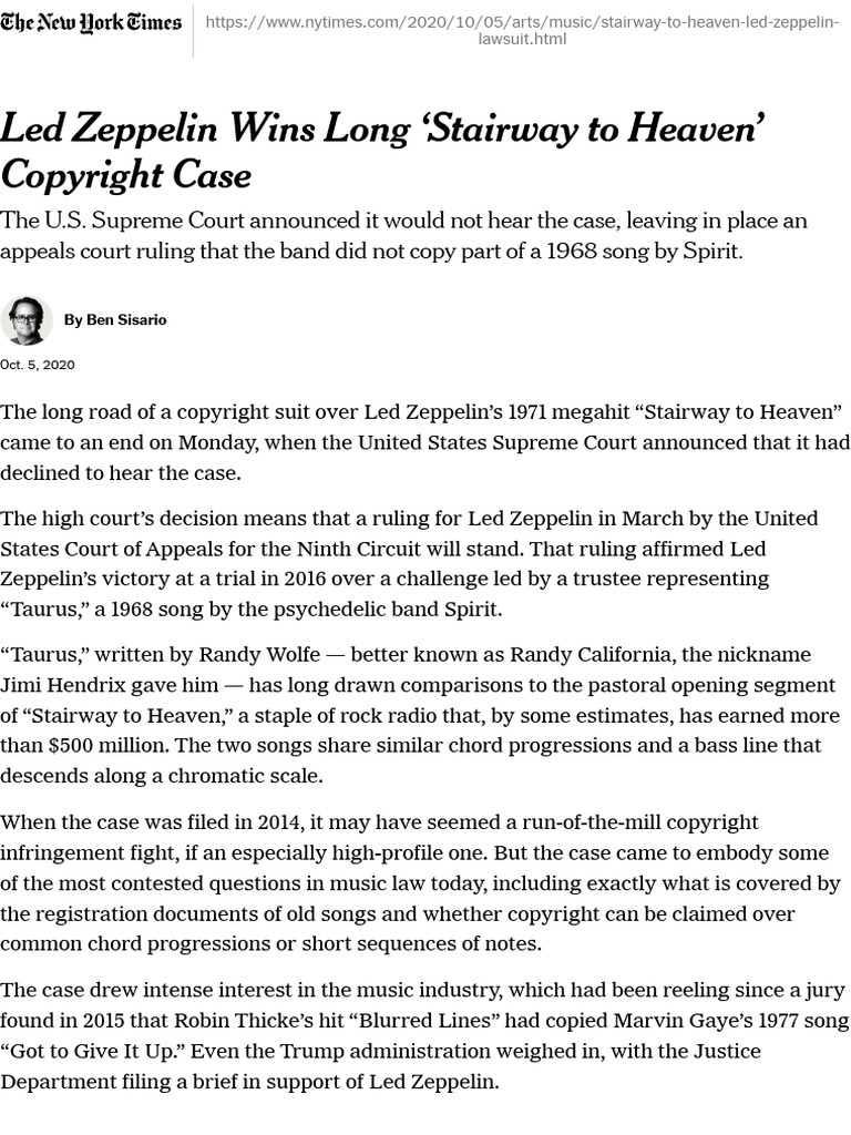 Led Zeppelin Wins Long Stairway To Heaven' Copyright Case The New(00)
