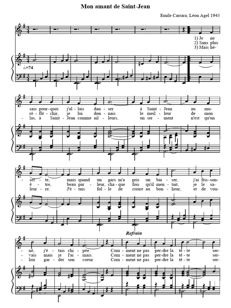 Mon Amant De Saint Jean Paroles Et Partitions PDF