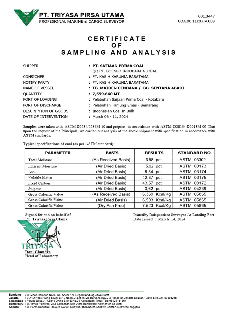 Coal Sampling and Analysis Certificate | PDF | Coal | Fuels
