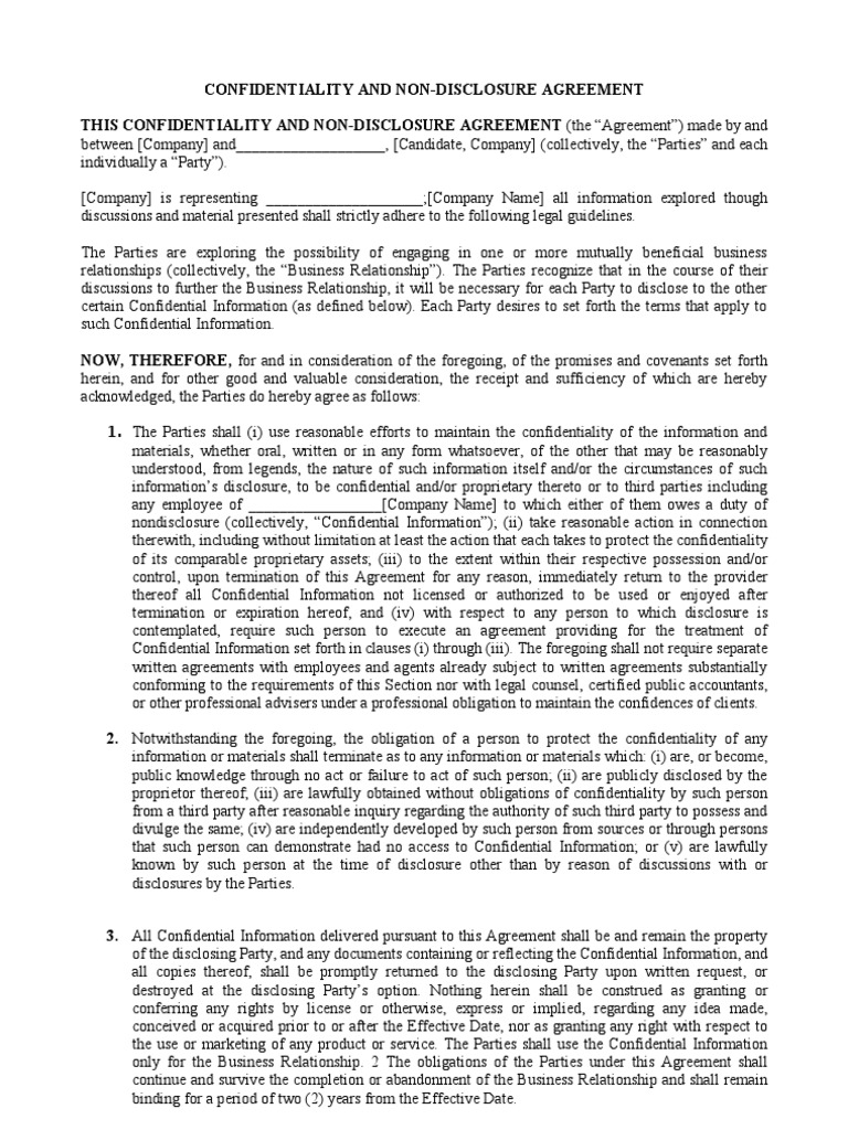 Standard Nda Non Disclosure Agreement Confidentiality