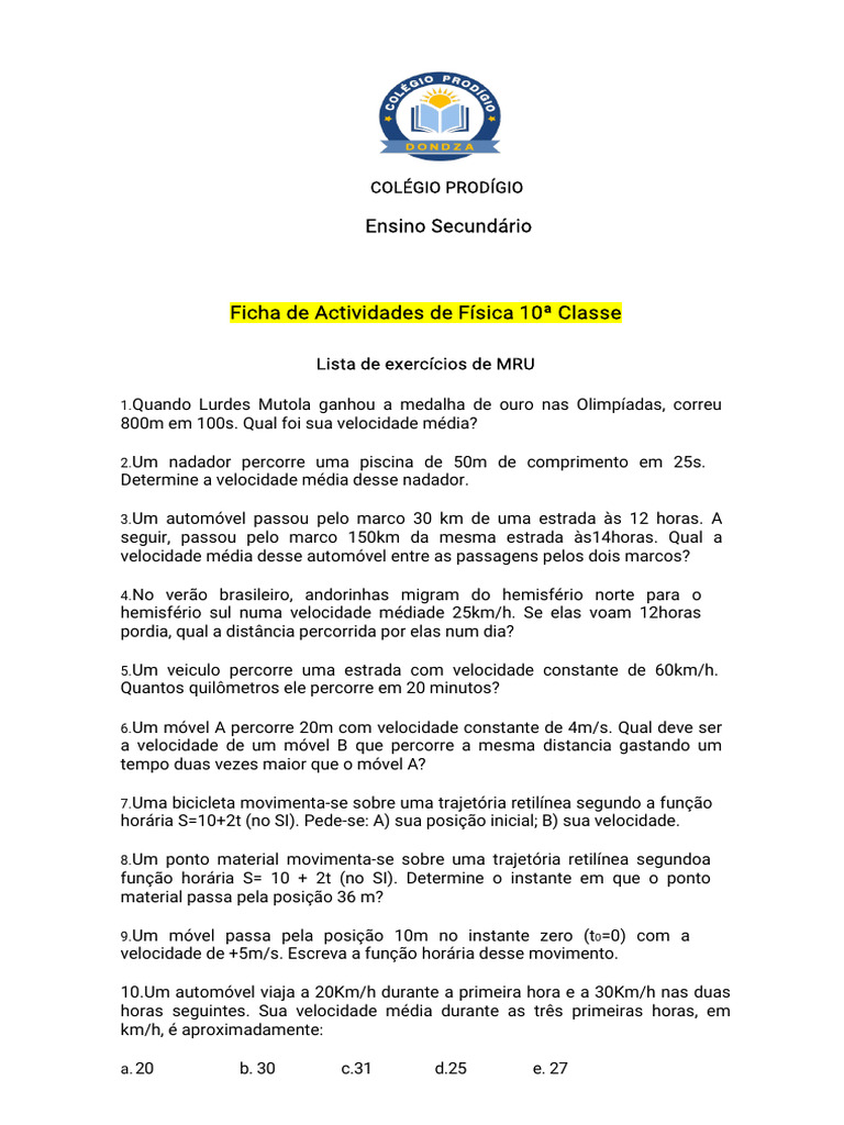 Exercícios de Física: MRU e MRUV | PDF