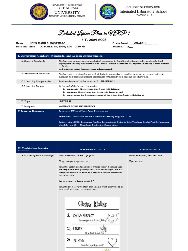 Lesson Plan: Letter Ll for Grade 1 | PDF | Classroom | Cognitive Science